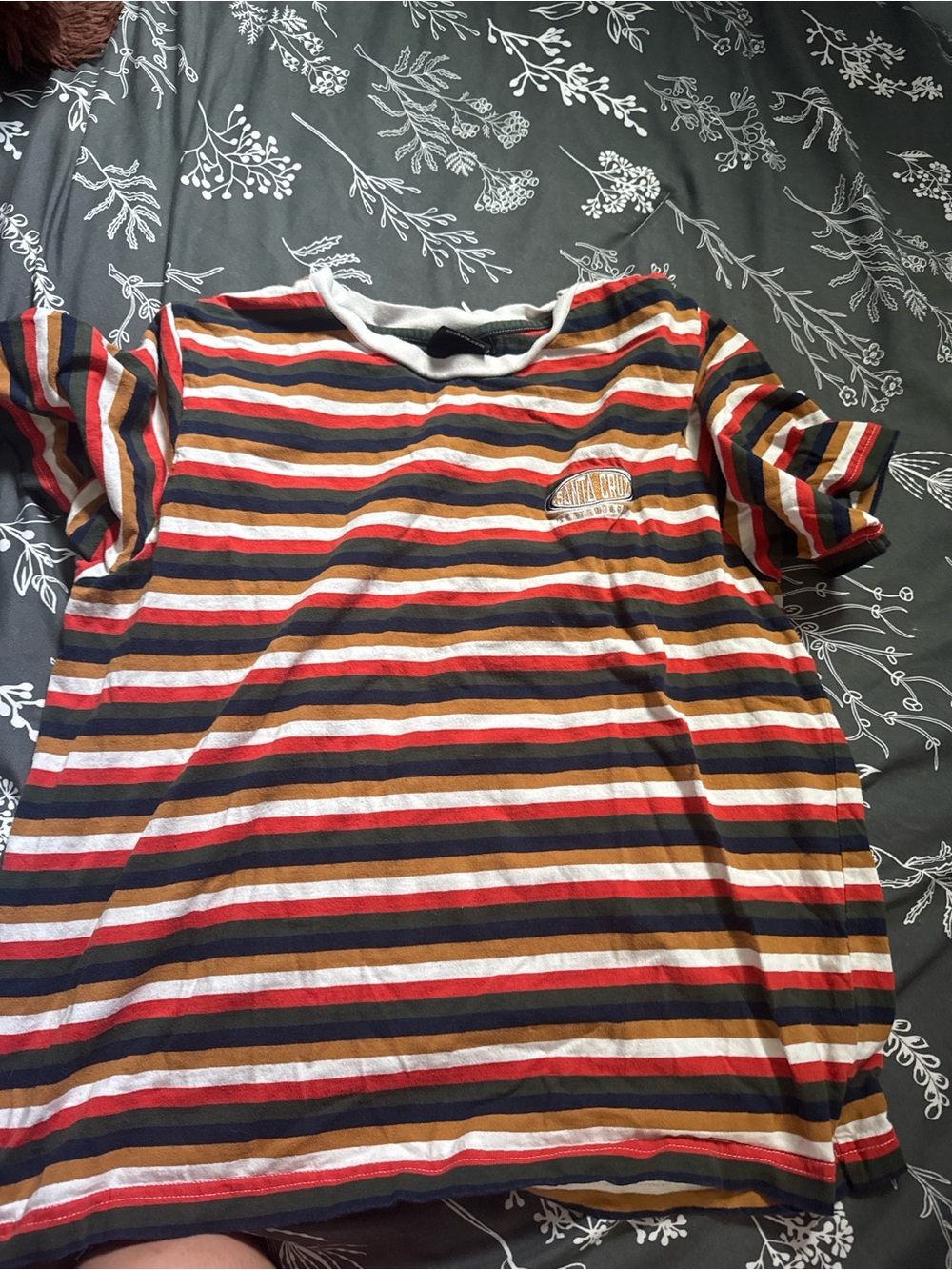 Santa Cruz Skateboards Multistripe Crew Tee in Red Navy Tan Cream